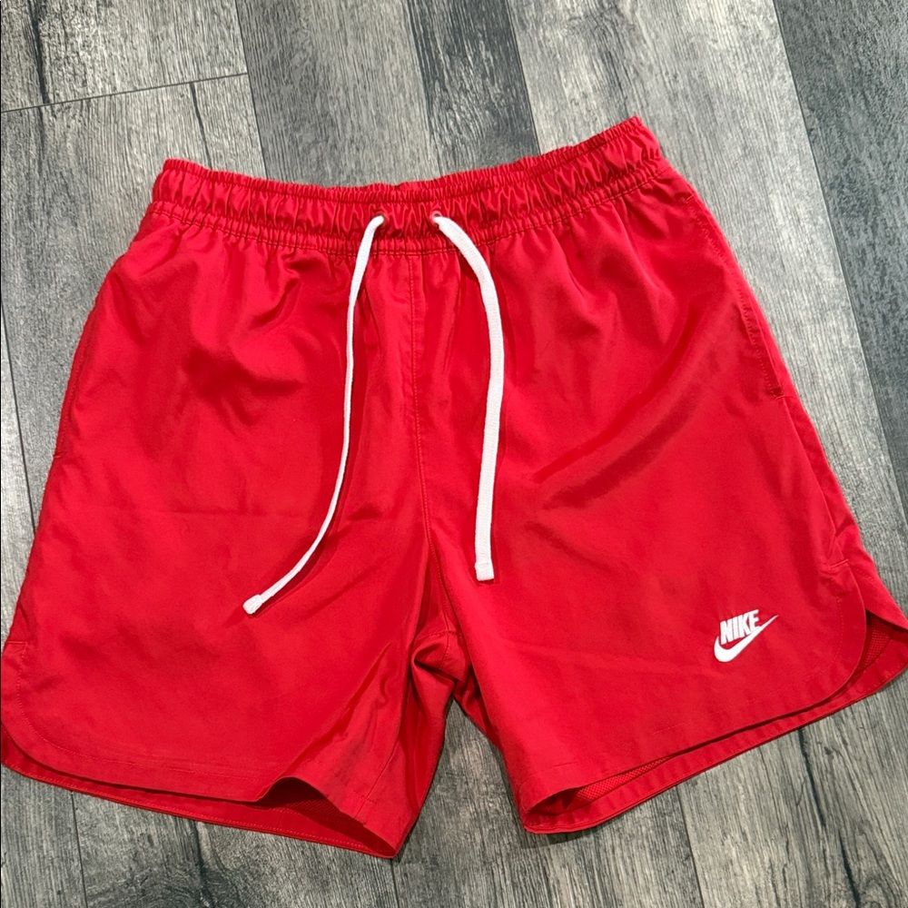 Nike Men’s Red Athletic Shorts with White Drawstring and White Swoosh